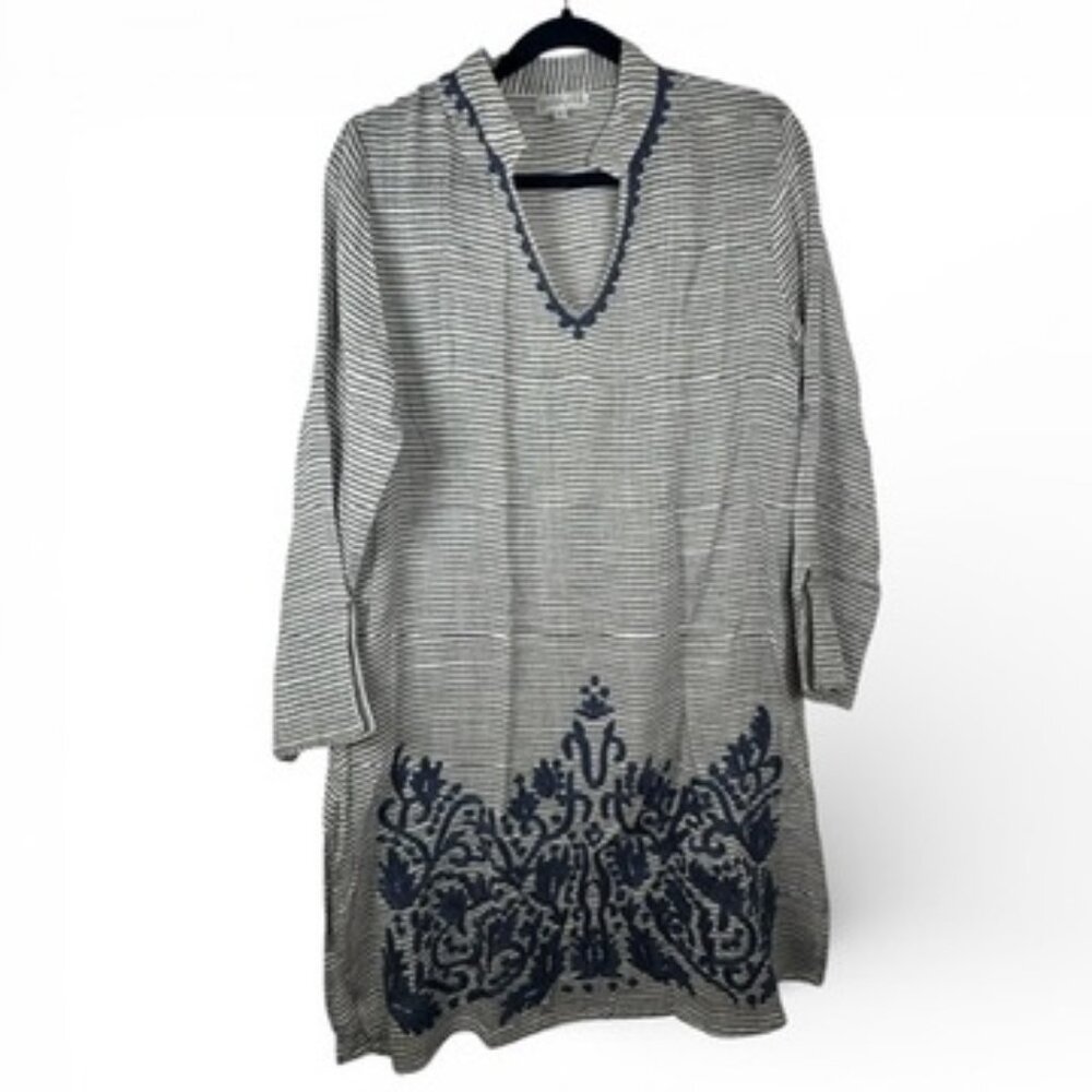 GC Debbie Katz South Beach Size L Beach Cover Up Grey Striped Blue Embroidered